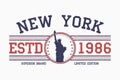 New York slogan t-shirt typography with liberty statue. Grunge tee shirt design. Vector Royalty Free Stock Photo